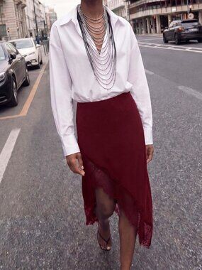 Burgundy Preppy Women's Contrast Lace Midi Skirt